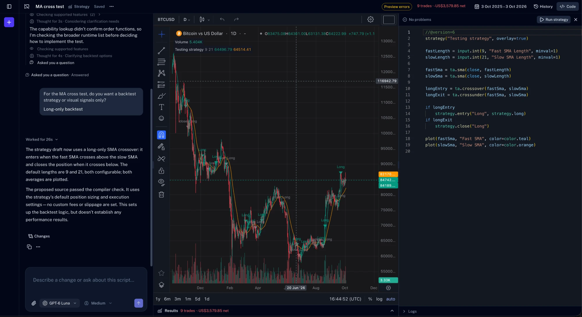 Pine Lab with the AI chat, a strategy on a Bitcoin chart and the Pine Script editor