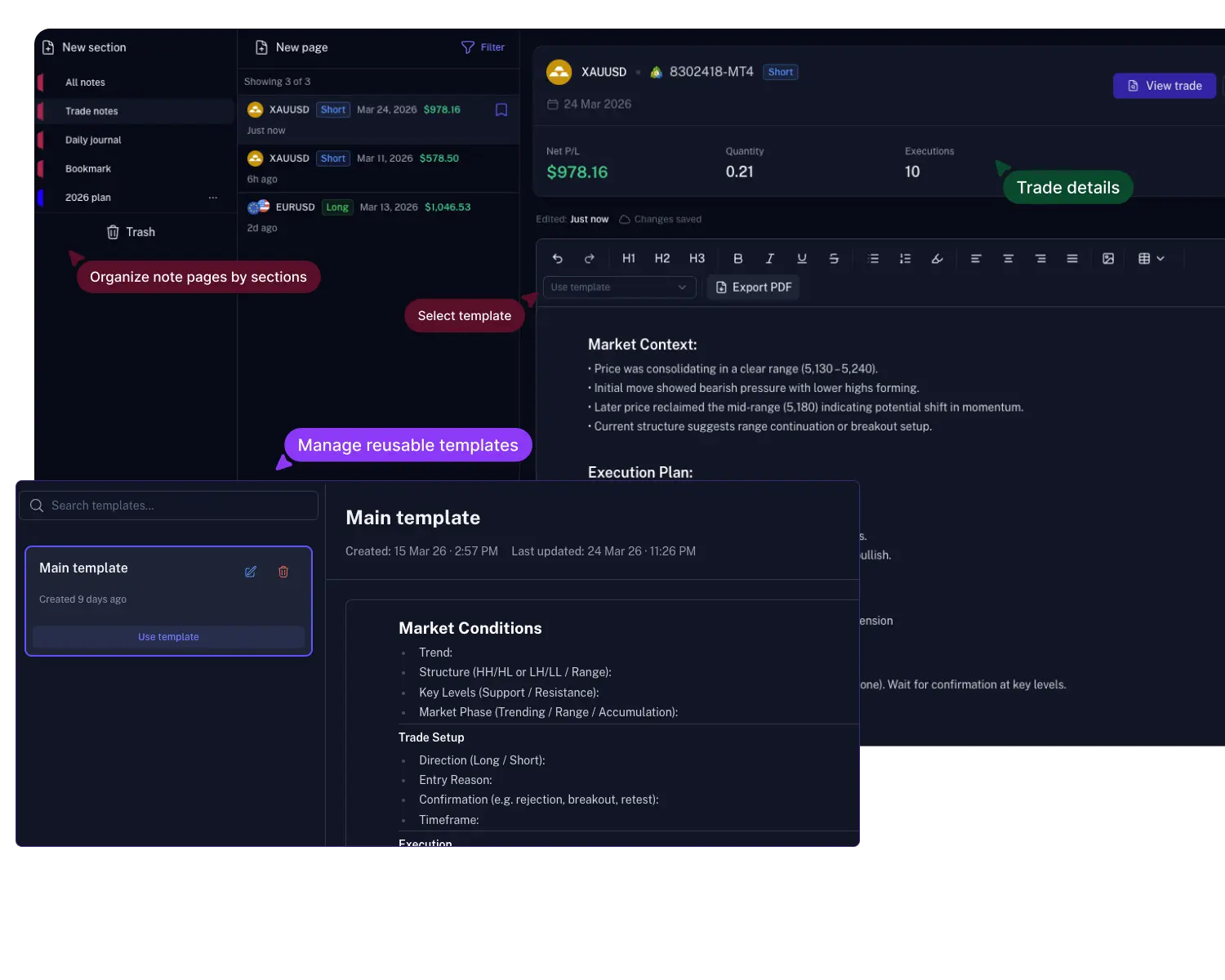 Easy to use trading journal with simple icons and notes